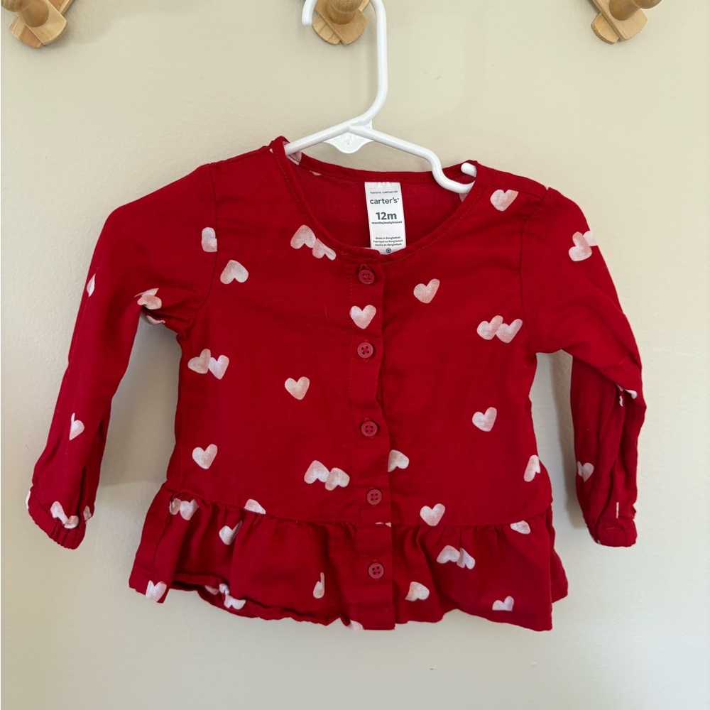 Carter's Red and White Button Down Shirt with Heart Pattern